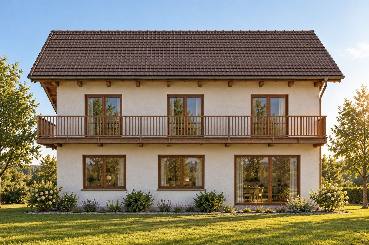 Musterhaus Ostseite (Traufseite) mit Holzbalkon